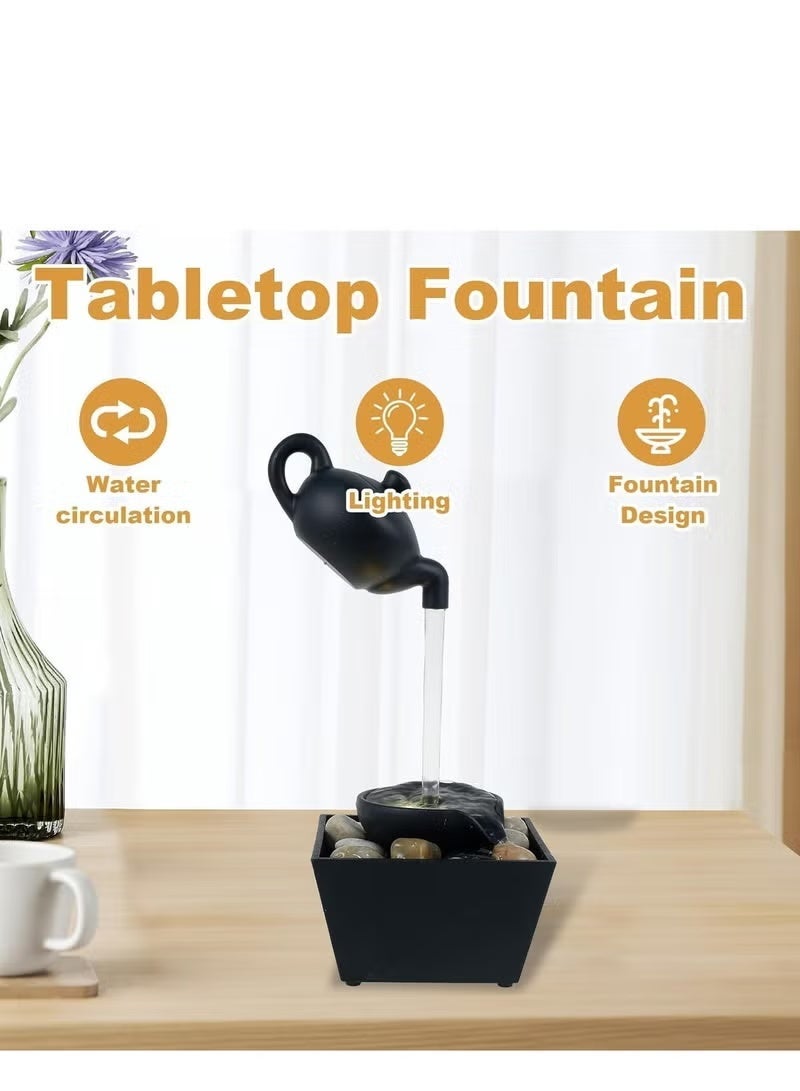 نافورة مياه ديكور مع إبريق شاي عائم – شلال سطح طاولة بإضاءة LED وأحجار مزخرفة – تصميم مستوحى من ثقافة الشاي الصيني – تعمل بالبطارية أو USB – ديكور داخلي مريح للمكتب أو المنزل - Image 1